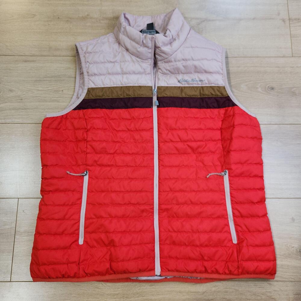 Eddie Bauer Vest Womens XL Red Striped Quilted 650 Down Puffer Full Zip Outdoor